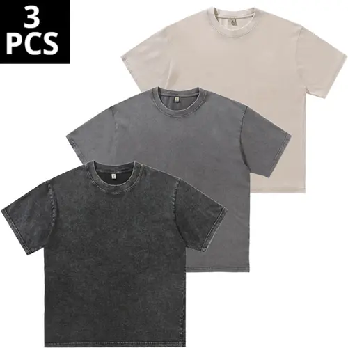 Men's 3-Pack Oversized Vintage Heavyweight Cotton T-Shirts - Round Neck, Acid Wash, Baggy Gym Workout Tops, Stylish Menswear Clothing, Mens Gifts for Father's Day, Vintage T Shirts