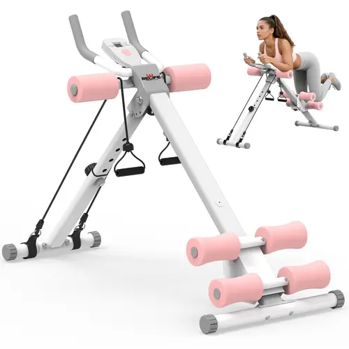RELIFE Abs Workout Machine - Pink Foldable Ab Trainer, Alloy Steel Sit Up Trainer, Core Focused Stomach Workout Equipment with 2 Incline Levels for Home Gym Fitness Use
