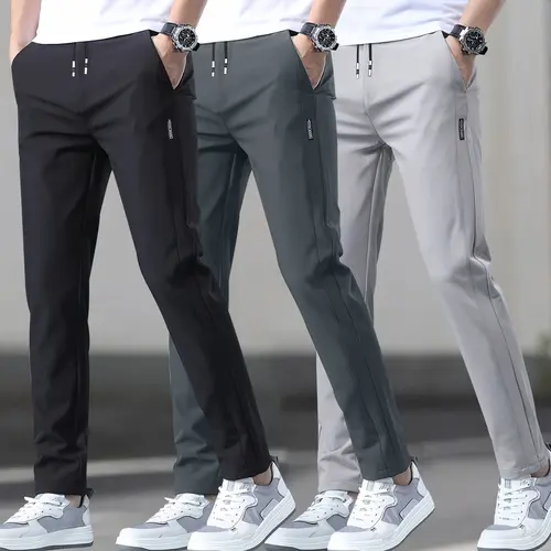 Men's 3-Pack Slim-Fit Straight-Leg Casual Pocket Trousers - Polyester-Spandex Blend, Elastic Drawstring Waistband, Mid-Rise, Side Pockets, Body-Fitting Comfy Menswear, Men’s Clothes, Athleisure Pants, Suitable for Outdoor Activities & Everyday Wear, Black