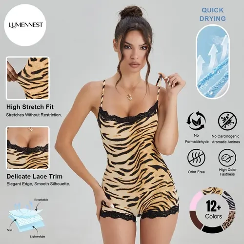 LUMENNEST Women's Abstract Tiger Print Thin Strap Lace Trim Soft Playsuit, Minimalist Stretch Sleeveless Shapewear, Sport & Outdoor Clothing Curvy Fabric Compression Womenswear Breathable