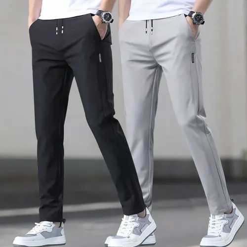Men's 2-Pack Solid Color Elastic Drawstring Long Track Pants - Cool Dry, Loose Fit, Flexible Comfy Athleisure Men's Pants, Machine Washable, Ideal for Gym Outdoor Hiking, Perfect Gift