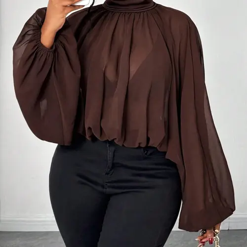 Women's Casual Fashion Loose Blouse, Solid Color Stand Collar High Neck Long Sleeve Lantern Sleeve Top, Ruched Design, Women's Spring & Fall Clothing