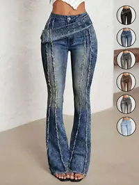 Women's Low Waist Bell-Bottom Jeans With Big Sun Logo Button And Eyelets Big Belt，Bootcut Jeans,Comfortable Stretch Denim Jeans，Patchwork Fringe Washed Vintage Long Pants, Casual Denim Trousers for Everyday Wear