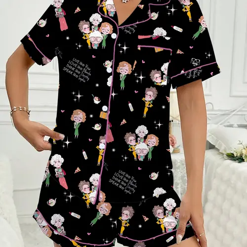 Golden Girls Character Print's Pajama Set, Short Sleeve Lapel Top & Shorts, Comfortable Light Loungewear, Party Gift, All-Season Casual Style, Nightwear, Sleepwear Pajamas
