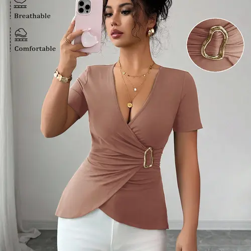 Women's Casual Fashion Simple V-Neck High-Quality Top Blouse, Spring & Fall Wear, Stylish and Comfortable, Perfect for Daily