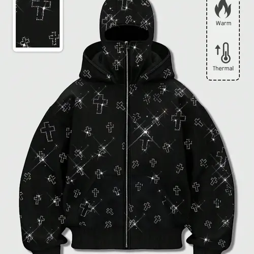 Rhinestone cross goth men's zipper graphic print hoodie double hood cardigan sweatshirt women's street style autumn winter fleece warm jacket windproof black Y2K punk, Streetwear