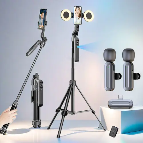 Ai Face Tracking Vlogging Kit, 70-Inch Auto Face Follow Tripod with Light, Wireless Dual Lavalier Microphone, Remote Control, Selfie Stick, Selfie Accessories