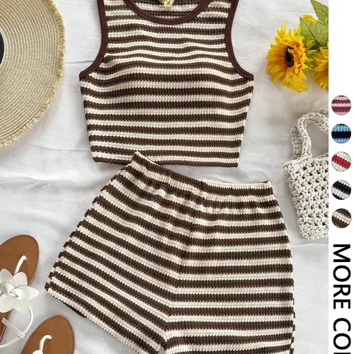Women's Casual Knitted Striped Backless Short Sleeve Top with Elastic Waist Shorts, Perfect for Vacation Wear, Matching 2 Piece Set, Clothes