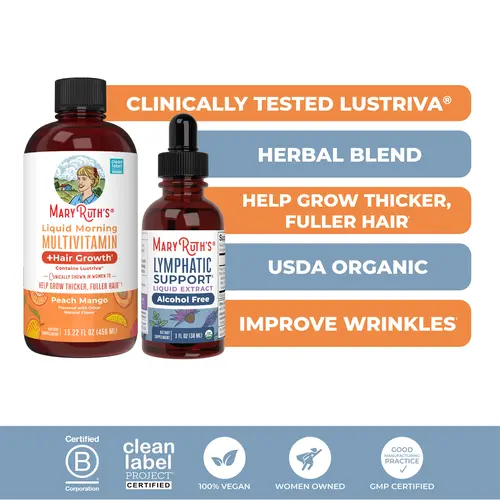 MaryRuth's Daily Multivitamin + Hair & Lymphatic Support Bundle - Liquid Morning Multivitamin + Hair Growth Peach Mango 15.22 oz - Lymphatic Support Herbal Blend 1oz