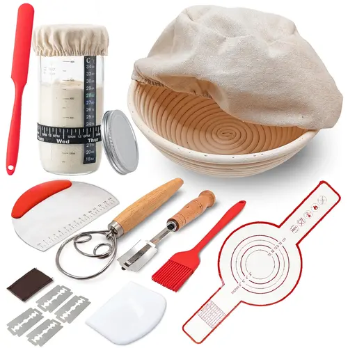 Sourdough Starter Kit, Home Baking Supplies, Banneton Bread Proofing Basket with Glass Sourdough Starter Jar, Sourdough Bread Baking Supplies, Sourdough Starter for Bread Making Baking Fermentation, Baking Utensils Supplies