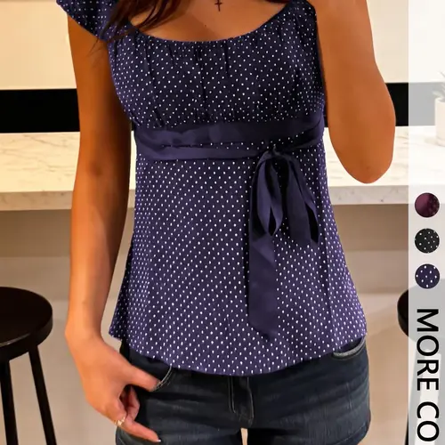 Polka Dot Square Neck Tie Top Blouse Shirts, French Vintage Style Slim Fit Top, Perfect for Daily and Dates, Women's Fashion