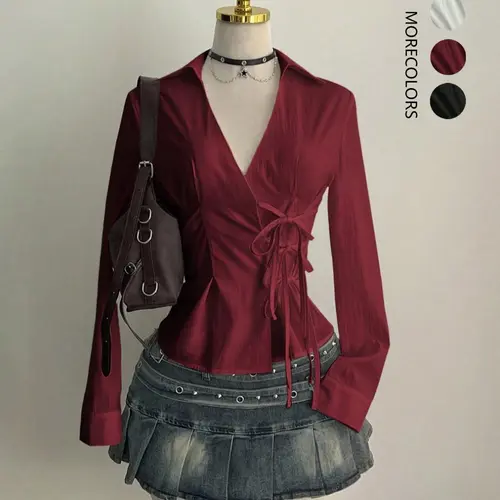 Elegant Asymmetrical Waist Cinched Bodycon Fitted Top for Women, Slimming Belted Open Front Long Sleeve Shirt, Stylish Casual Collared Blouse Womenswear Lady