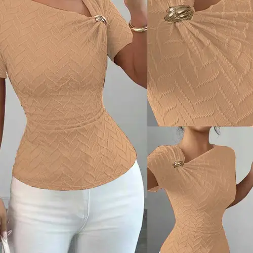 Women's Casual Spring Summer Striped Short Sleeve Top, Slim-Fitting Fashion Textured Lady Blouse, All Seasons Blouse, Aesthetic Shirt, Shirts, Blouses Shirts Tops, Womenswear, Perfect for Daily Home and Outdoor Wear, 1 Piece