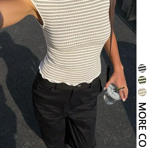 Women's Summer Casual Flattering Sleeveless Fit Short Striped Lace Trim T-Shirt Tops, Casual Everyday Top, Womenswear Fashion, Perfect for Outdoor Y2K Style Vacation Wear