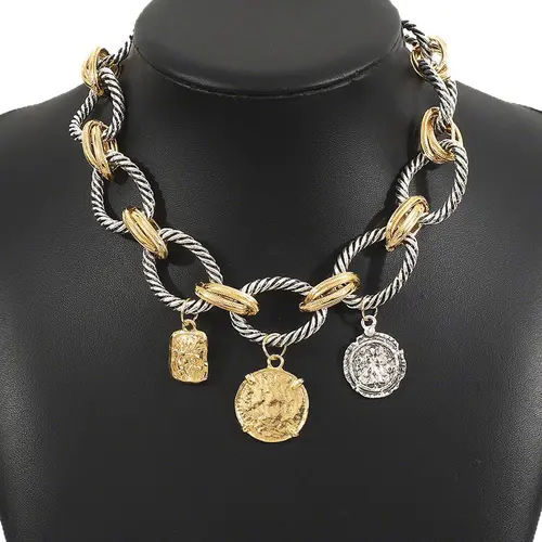 Bohemian Style Twisted Chain Boho Style Necklace with Vintage Coin Pendant, Alloy Punk Statement Fashion Costume Jewelry Necklace for Women, Adjustable Length Pendant