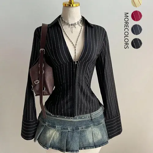 Elegant Women's Striped Waist Cinching Irregular Hem Slimming Short Shirt Top, Versatile Stylish Blouse for Casual Wear