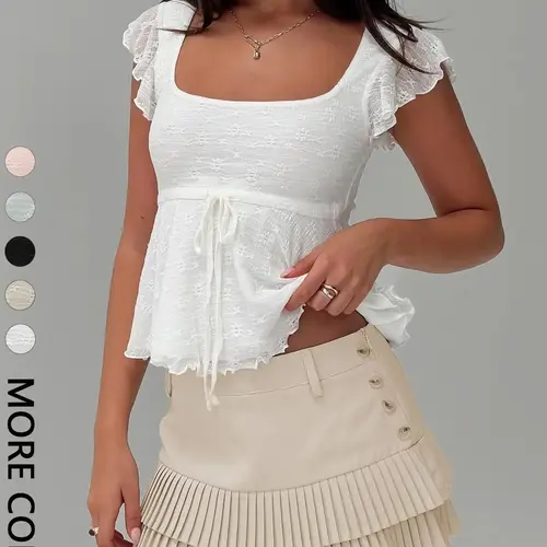 1 piece Women's Square Neck Short Knitted Blouse Shirt Tops, Sweet Style Belted Waist Design, Perfect for Everyday, Valentine's Day & Daily Commute & Vacation