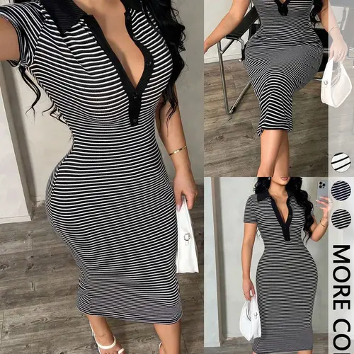 Women's Casual Minimalist Fashion Commute Style Short Sleeve Black & White Striped Polo Knit Dress, High-Stretch Fitted Midi Dress