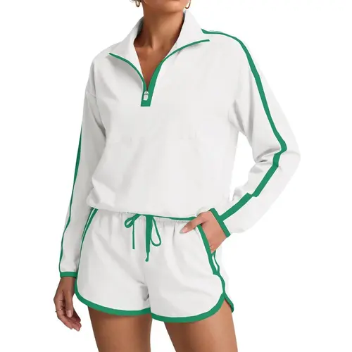 Fisoew Womens 2 Piece Outfits Sets Half Zip V Neck Long Sleeve Pullover Tops Shorts Casual Tennis Running Tracksuits #SummerVibes，Sun Protection