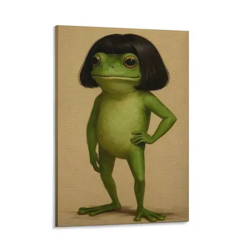 Artistic Whimsical Frog Portrait Canvas Poster, Abstract Minimalist Green Funny Animal Wall Art, 24x36 Print, Bob Haircut Design, Kids Playroom Decoration, Quirky Opossum Humor Artwork, Frog Lover Unique Gift