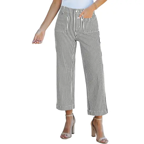 luvamia Striped Jeans for Women Trendy High Waisted Cropped Wide Leg Pants Stretchy Denim Patch Pocket Pinstripe Pants,back to school shopping