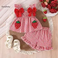 SleepBaby Infant Girls' Cute 2-Piece Christmas Tartan Plaid Clothing Gift Set - Ruffle Strap Top with Holiday Applique, Ruffle Shorts, Polyester Baby Items for Festive Occasions