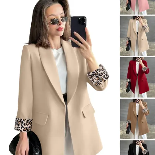 ASANDY Women's Blazer, Elegant Open Front Jacket with Leopard Print Cuffs, Elevated Casual Workwear for Office and Party, Elevated Casual Outerwear, Blazer + Cardigan In One, Leopard Cuff