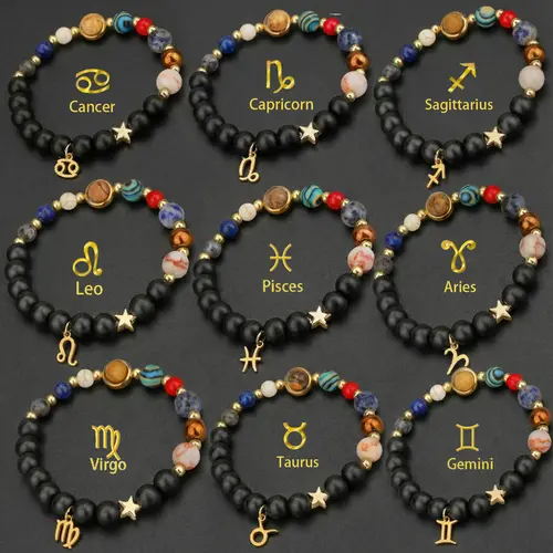 Unisex Beaded Strand Bracelet - Solar System & Zodiac Charms, Casual Non-Natural Artificial Stone Jewelry, Guardian Star Bangle for Adults, Birthday Gift for Aries, Taurus, Virgo, Cancer, Gemini