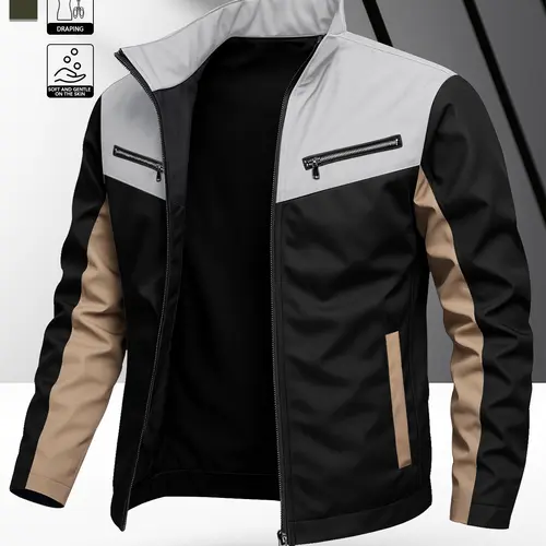 Men's Casual Stand Collar Patchwork Zip Up Tops Durable Windproof Long Sleeve Menswear Jackets with Multiple Pockets, Suitable for Riding, Everyday Casual Wear
