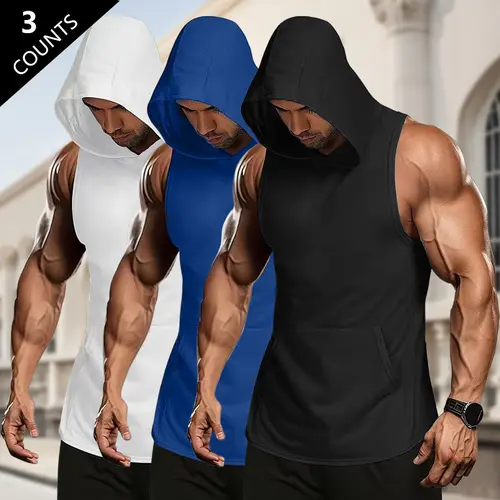3 Pack Men's Sports & Casual Hooded Tank Top - Lightweight Polyester with Kangaroo Pocket, Slight Stretch Regular Fit Short Sleeve Shirt Suitable for Spring/Summer Running & Outdoor Activities, Casual Wear | Sporty Style | Polyester Fleece Pullover