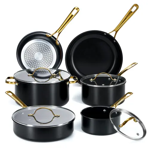 Chef Power 10-Piece Ceramic Nonstick PFAS-Free Cookware Set - Pots, Pans, Frying Pan, Saucepan with Lids, Stainless Steel Handles, Wipes Clean Fast, Dishwasher Safe, Oven Safe, Stone Black with Light Gold Handles, Induction Compatible for Busy Kitchens, P