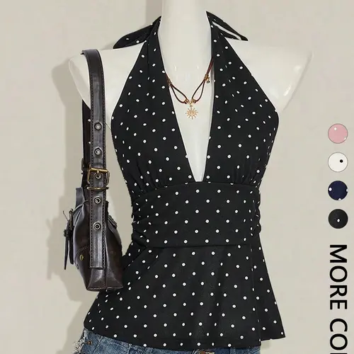 Women's Polka Dot Print Halter Top, Halter Design, Boho Style Camisole, Boho Casual Summer, Boho Sleeveless Adjustable, Deep V Neck, Tie Back Closure, Adjustable Ruched Waist, Fitted, Soft Breathable Fabric, Suitable for Daily Wear and Vacations