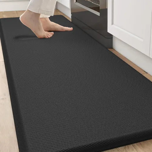 LUMI Cushioned Kitchen Floor Mat - Anti-Fatigue, Non-Slip, Waterproof, Fade-Resistant, Flat Weave with Exquisite Pattern, 70x20cm Black Padded Mat for Kitchen, Office Home Decor