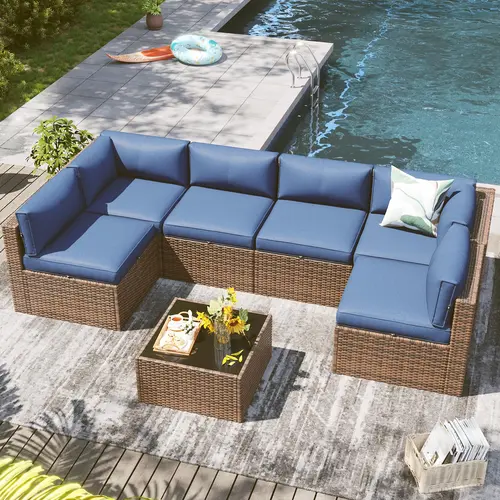 【2 Packages Shipping】Aoxun Patio Furniture Sets, 7-Piece Outdoor Patio Furniture with Thick Cushions, Wicker Outdoor Conversation Set Sectional Sofa for Backyard, Poolside, Garden Lounge