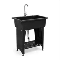 KARLHOME Multi-functional Washing Sink Laundry Basin with Faucet & Shelf Plastic & Metal Feet for Laundry Room, Outdoor, Garden, Garage Utility Sink with Drainboard Movable Storage Shelf