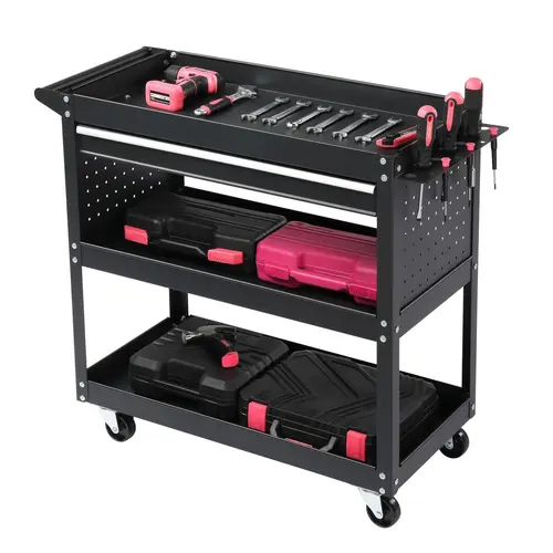 【Summervibes】3-Tier Rolling Tool Cart, Metal Heavy Duty Utility Cart on Wheels with Pegboard & Drawer & 4 Hooks, 330 lb Load Large Storage Capability Tool Cart for Garage Warehouse Repair Shop, Black