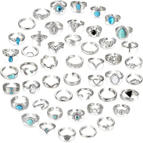 48Pcs Open Toe Rings Set for Women Men Adjustable Vintage Retro Knuckle Ring Bohemian Toe Finger Tail Ring Summer Beach Foot Jewelry Body Jewelry Accessory 14K Gold Plated Toe Ring