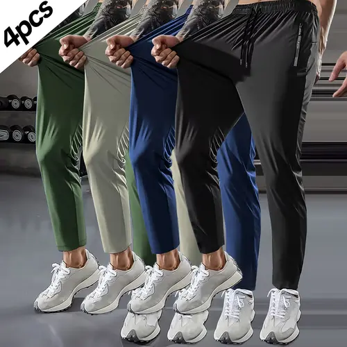Men's 4PCS Athleisure Style Bottoms - Adjustable Drawstring Waist, Zipper Pockets, High Elasticity Breathable Fabric, 9-Point Machine Washable Pants for Outdoor Jogging, Gym, Machine Washable Men's Pants