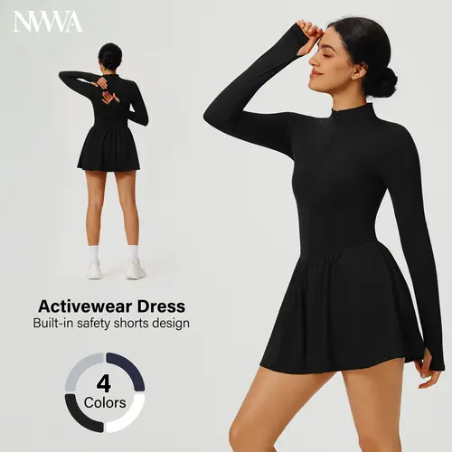 Women's Activewear Dress, Body-Fitted High Neck Tennis Attire with Built-in Shorts and Pockets - Cooling for Year-Round Workout tiktokshopbacktoschool, Sporty Chic