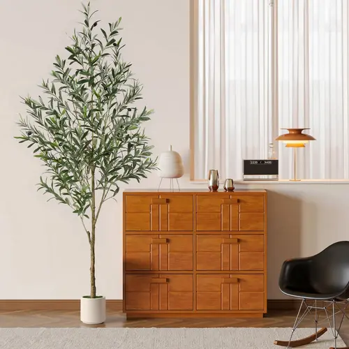 SHareconn 5/6/7FT Fake Olive Tree with White Planter - Faux Silk Foliage, Lively Trunk, Lifelike Fruits, Photorealism Home Accessory, Plant Decor, Aesthetic Room Decor, Room Decorations