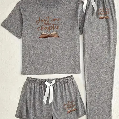 Women's Three-Piece Sleepwear Set, Book Letter Print Design, Cartoon Pattern Pajamas, Casual Fitted Style, All-Season Comfortable Wear, Pajama Set, Loungewear, Pjs, Matching Loungewear, Matching Pajamas, Pyjamas, Pajama Lounge Sets