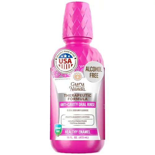 GuruNanda Anti-Cavity Oral Rinse with 0.05% Sodium Fluoride, Alcohol Free Therapeutic Mouthwash to Help Strengthen Teeth and Enamel & Prevent Cavities, Vibrant Mint, 16 oz
