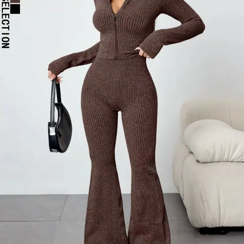 Women's Sportswear Set, Activewear Tracksuits, Fall & Winter Women's Sports Clothing, Zipper Long Sleeve 2-Piece, Slim Fit Casual Fitness, Sweatsuit Outfits, Athleisure Sportswear Set, Solid Sports Sets, Casual Sporty Set, Sporty Fashion Set