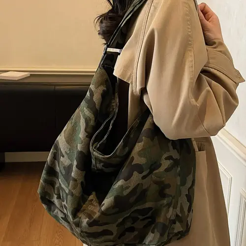 Camouflage Canvas Large Bag, Leopard Print Crossbody Shoulder Bag, Casual Crossbody Bag, Fashion Vintage Unisex Bag for Commuting, Shopping, School, Work