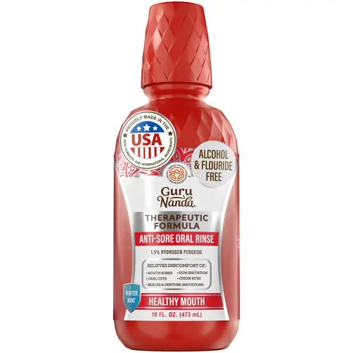 GuruNanda Anti-Sore Oral Rinse with 1.5% Hydrogen Peroxide, Alcohol & Fluoride Free Therapeutic Mouthwash for Oral Irritation Relief, Winter Mint