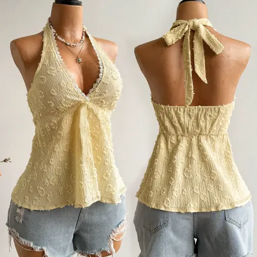 Women's Fashion Comfortable Casual Fitted Sleeveless Lace Patchwork Tie-Back Adjustable Halter Neck Backless Crop Top Vest, Cropped Tank Tops, Aesthetic Stylish Design, Perfect for Daily Wear