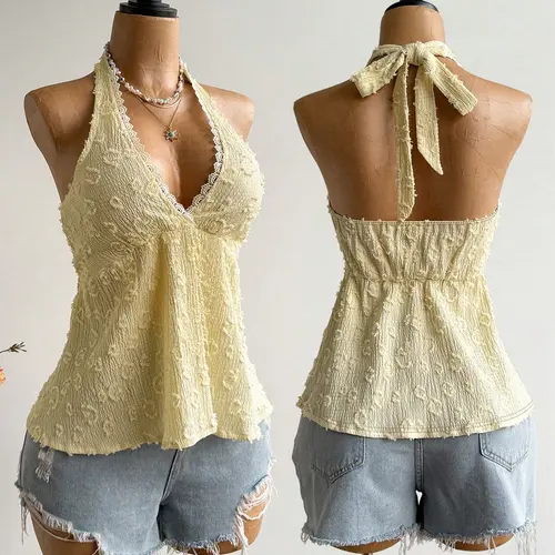 Women's Summer Fashion Womenswear Lace Spliced Bow-Tie Halter Backless Tie Back Top, Comfortable, Casual and Versatile Fitted Tank Top Summer Tops Trendy for Daily Wear and Dates Piece