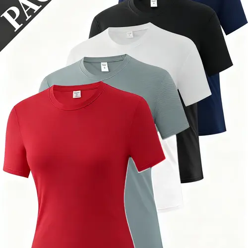 Women's Plus Size Basic T-Shirts, 5-Pack Loose-Fit Short-Sleeve Solid Blouses, Breathable Moisture-Wicking Sports Base Layer for Casual Wear, Plus Size Clothes, TikTok Shop Back to School