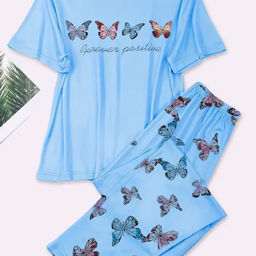 Valentine's Day Blue Bow Print Short Sleeve Long Pants Set, Two-Piece Sleepwear Loungewear Pajamas Home Set, Geometric Pattern, Casual Style, All Seasons