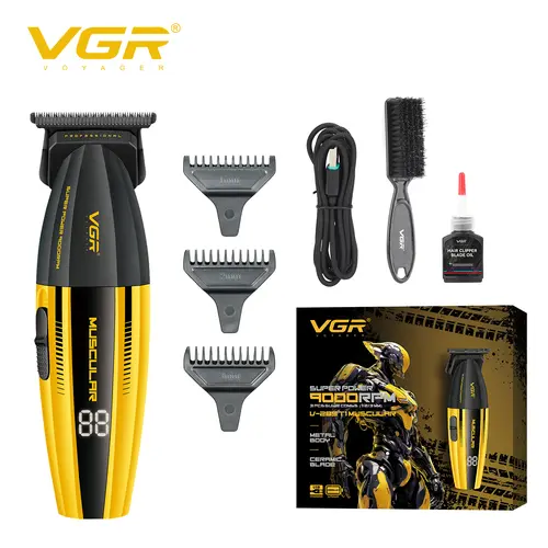 VGR 285T Professional Stainless Steel Smoothing Multifunctional Hair Trimmer for Men, 9000RPM Cordless Barber Edgers, Lightweight Grooming Kit with 3 Guide Combs, LED Display, 240-Min Runtime, Cleansing & Hair Styling Tool